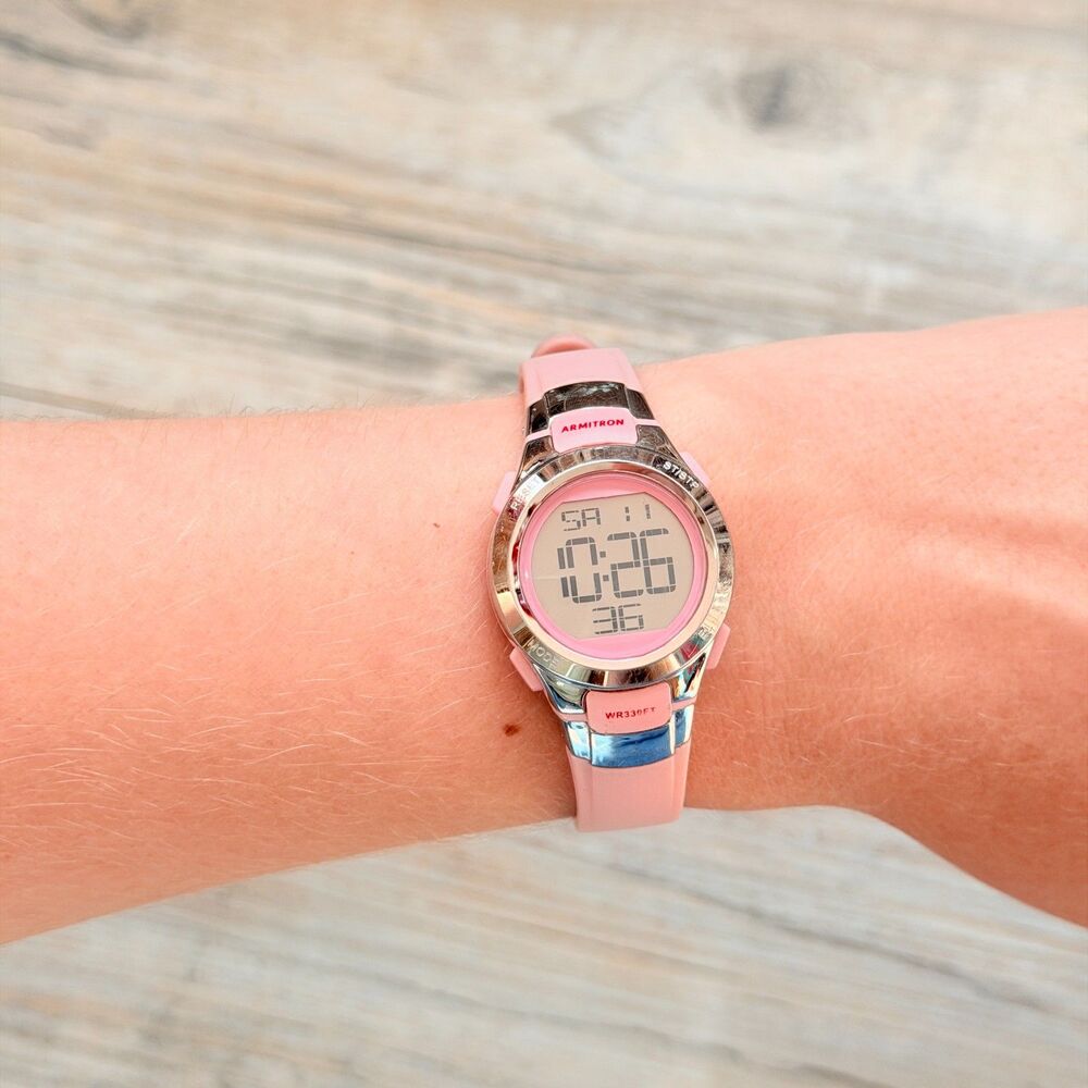Armitron Pink Digital Sport Watch Silver Tone Y2K Retro WR330FT Working Y2K